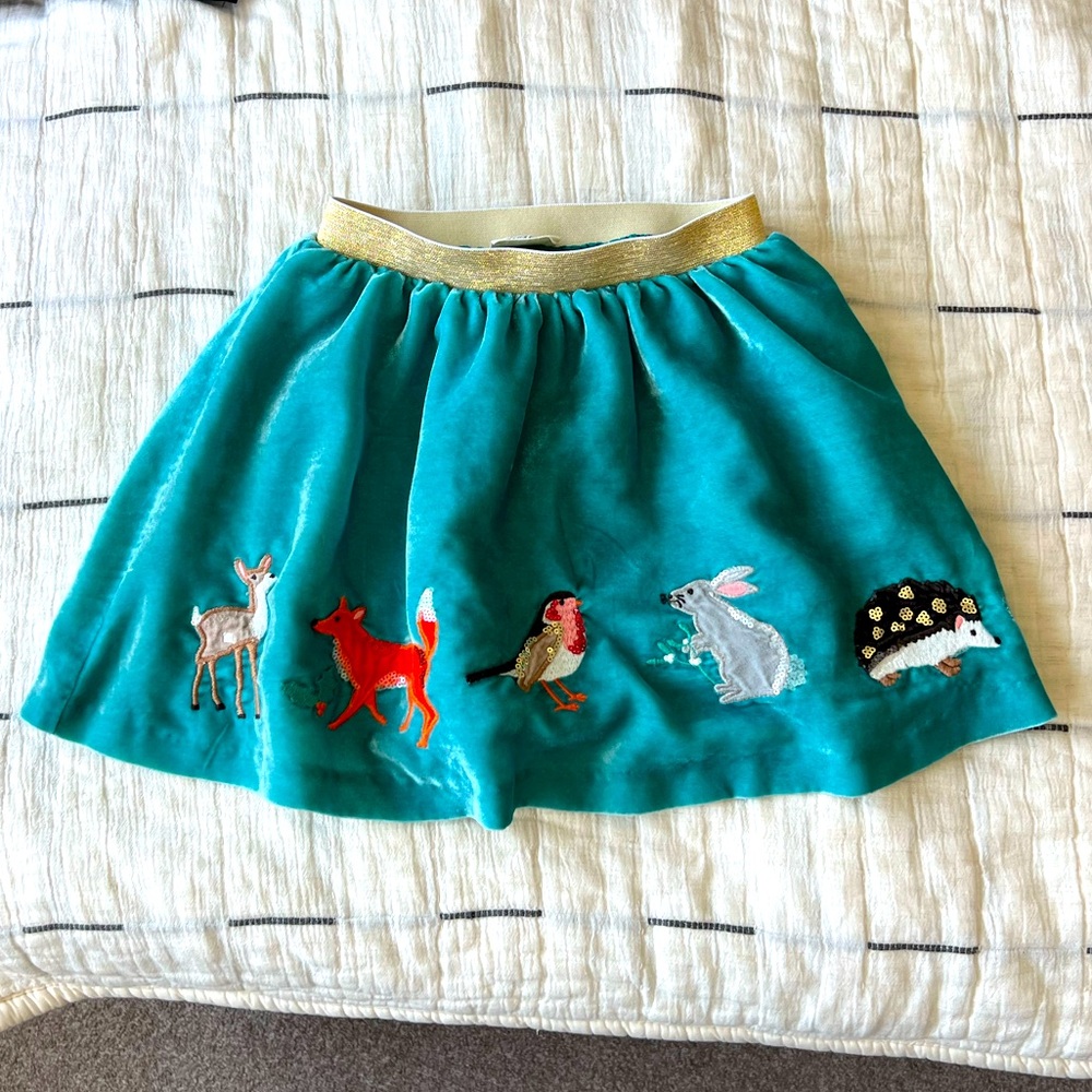 Mini Boden Teal Velvet Woodland Skirt 5-6years old